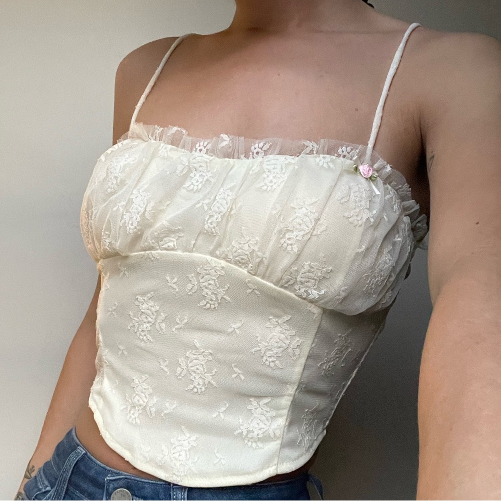 Lush Cream Lace Camisole Corset Top With Rosebuds